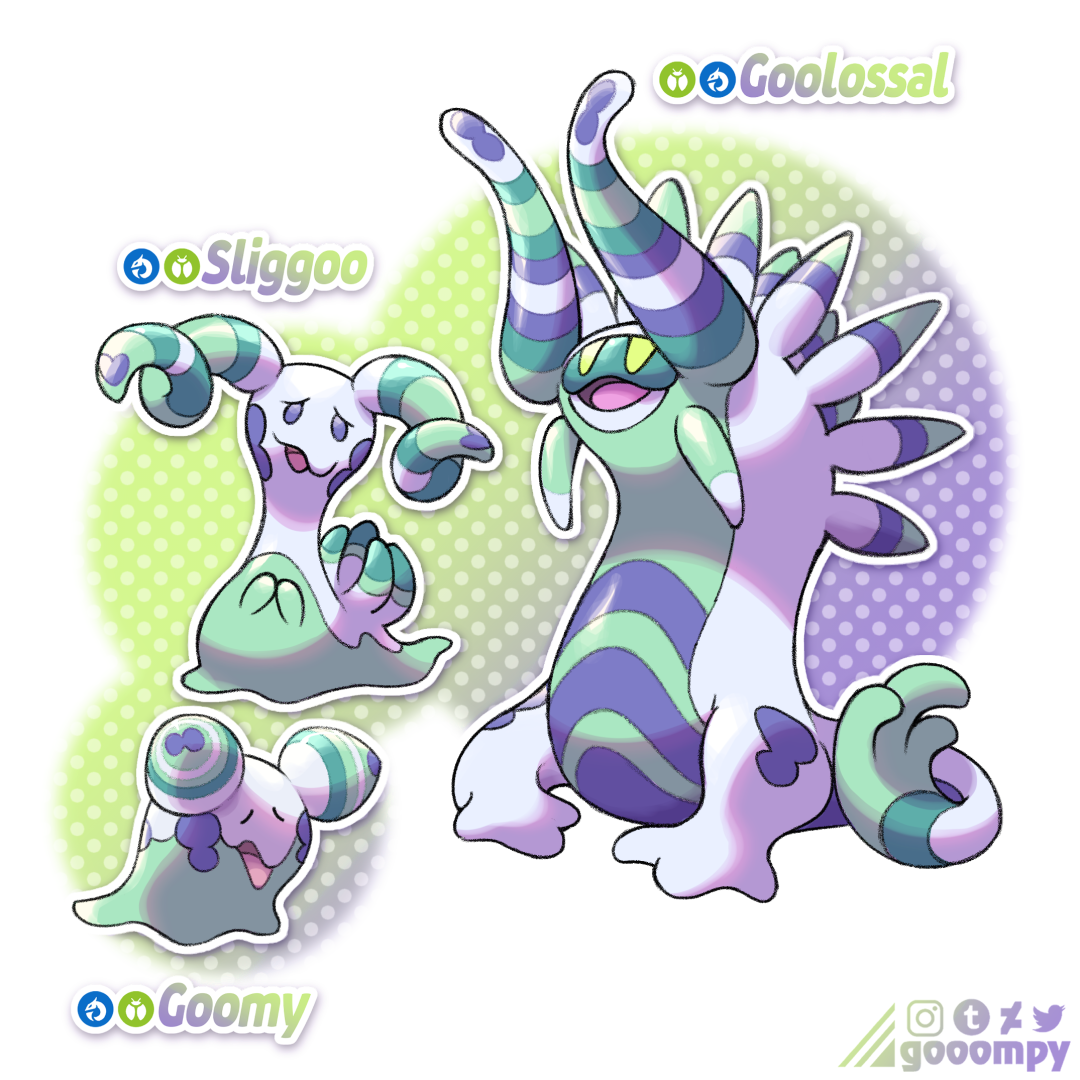 gooompy, goomy, sliggoo, nintendo, pokemon, commentary, english commentary, animal focus, antennae, artist name, character name, colorful background, deviantart logo, english text, evolutionary line, fakemon, full body, gen 6 pokemon, gradient background, gradient text, instagram logo, leucochloridium paradoxum, multicolored tail, no humans, open mouth, parasite, pokemon (creature), pokemon focus, polka dot, polka dot background, purple eyes, solid oval eyes, tail, tumblr logo, twitter logo, white background