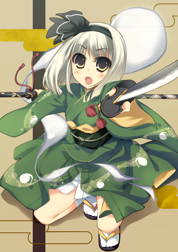 amanooni touri, konpaku youmu, konpaku youmu (ghost), touhou, silver hair, bad id, bad pixiv id, 1girl, dual wielding, egasumi, female focus, foreshortening, ghost, hairband, holding, japanese clothes, katana, kimono, open mouth, sandals, short hair, solo, squatting, sword, weapon, yellow eyes
