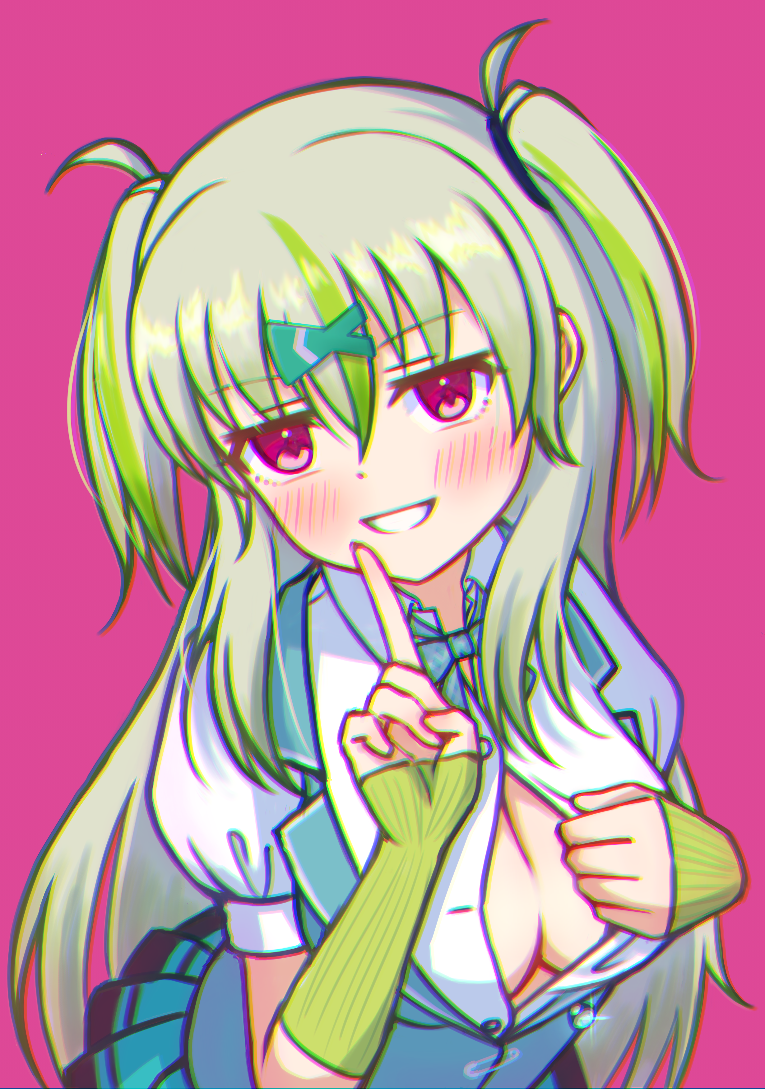 sizmaru11, ooshima isuzu, heaven burns red, absurdres, commentary request, highres, 1girl, :d, arm warmers, blue skirt, blue vest, blush, breasts, cleavage, cowboy shot, eyes visible through hair, glint, green arm warmers, green hair, green streaks, grin, hair between eyes, hands up, index finger raised, large breasts, long hair, looking at viewer, miniskirt, multicolored hair, open mouth, pink background, pink eyes, pleated skirt, presenting breasts, seductive smile, shirt, simple background, skirt, smile, solo, streaked hair, two side up, very long hair, vest, white shirt