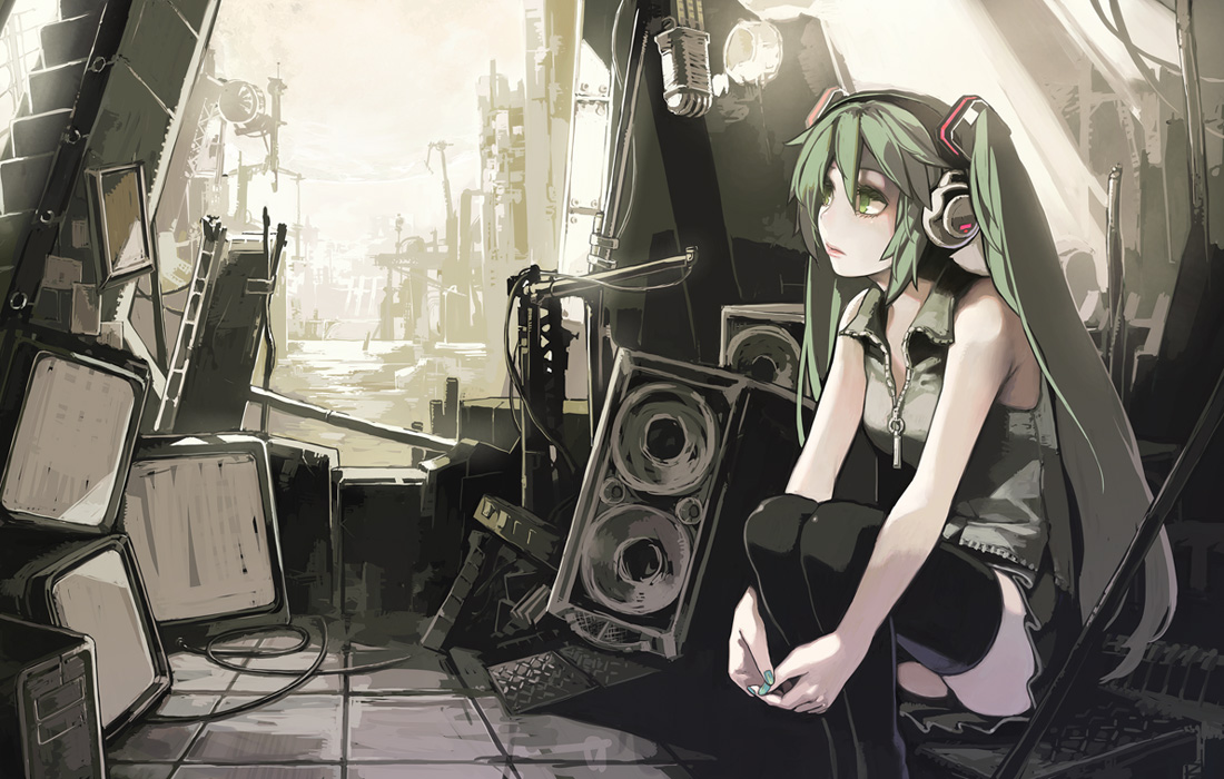aoin, hatsune miku, vocaloid, 1girl, aqua hair, female focus, green eyes, green hair, headphones, hugging own legs, long hair, matching hair/eyes, sitting, skirt, solo, thighhighs, twintails, zettai ryouiki