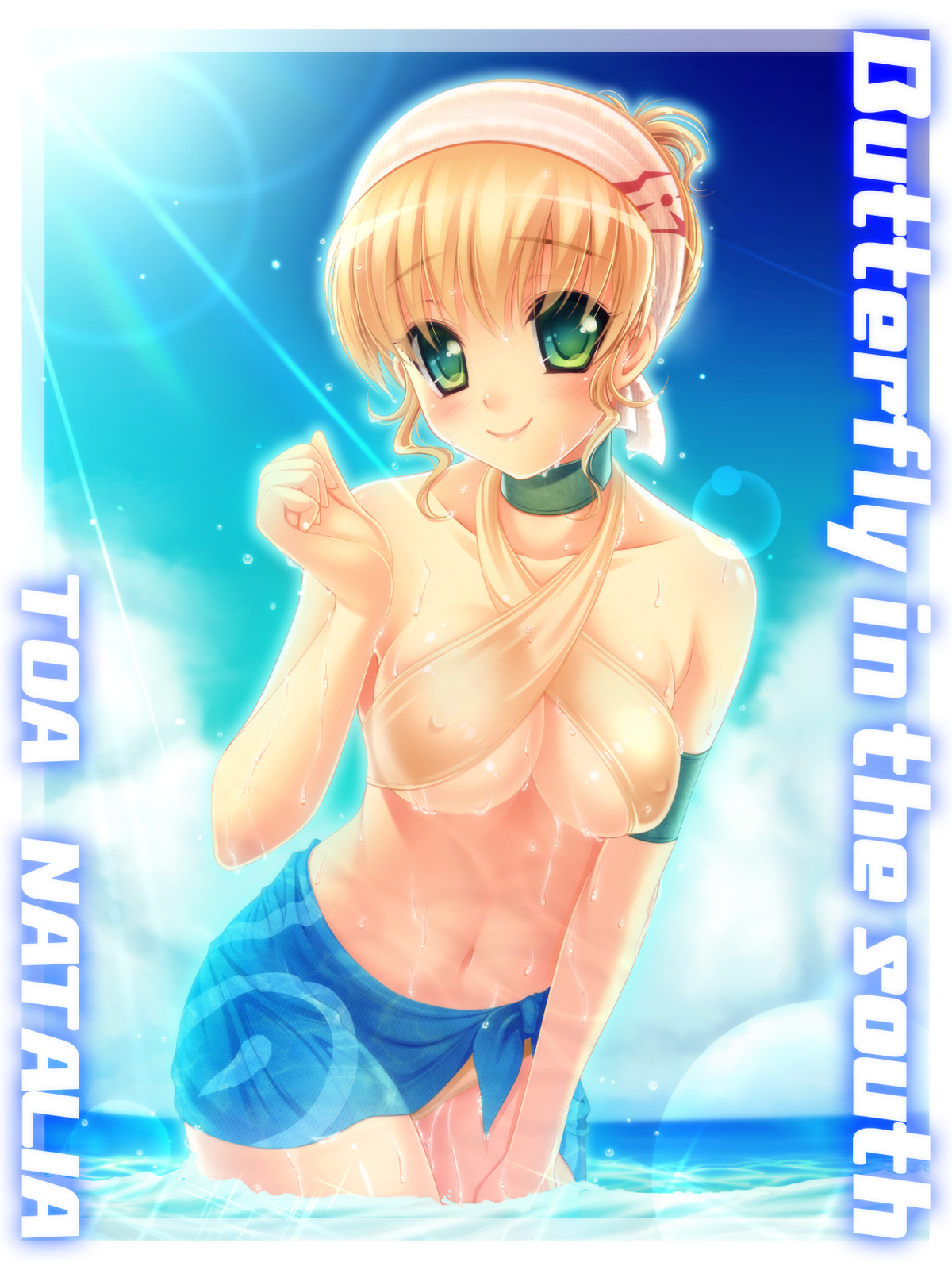 byuune, natalia luzu kimlasca lanvaldear, natalia luzu kimlasca lanvaldear (tropical butterfly), tales of (series), tales of the abyss, bad id, bad pixiv id, highres, 00s, 1girl, bikini, blonde hair, blush, breasts, character name, covered erect nipples, female focus, green eyes, large breasts, lens flare, navel, official alternate costume, sarong, smile, solo, swimsuit, water, wet