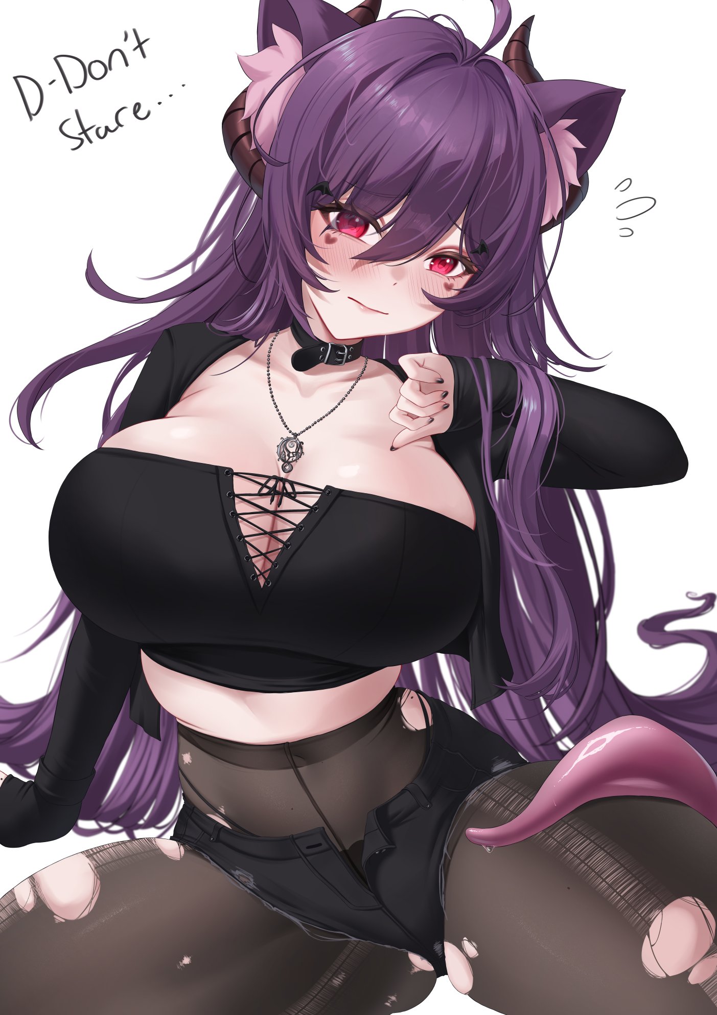 velvet noir, velvet noir (vtuber), indie virtual youtuber, commentary, highres, 1girl, animal ear fluff, animal ears, belt, belt collar, black belt, black nails, black shorts, blush, breasts, cleavage, collar, collarbone, facial mark, hair between eyes, heart, heart facial mark, horns, jewelry, large breasts, long hair, long sleeves, necklace, pantyhose, purple hair, red eyes, short shorts, shorts, tentacles, torn clothes, torn pantyhose, virtual youtuber