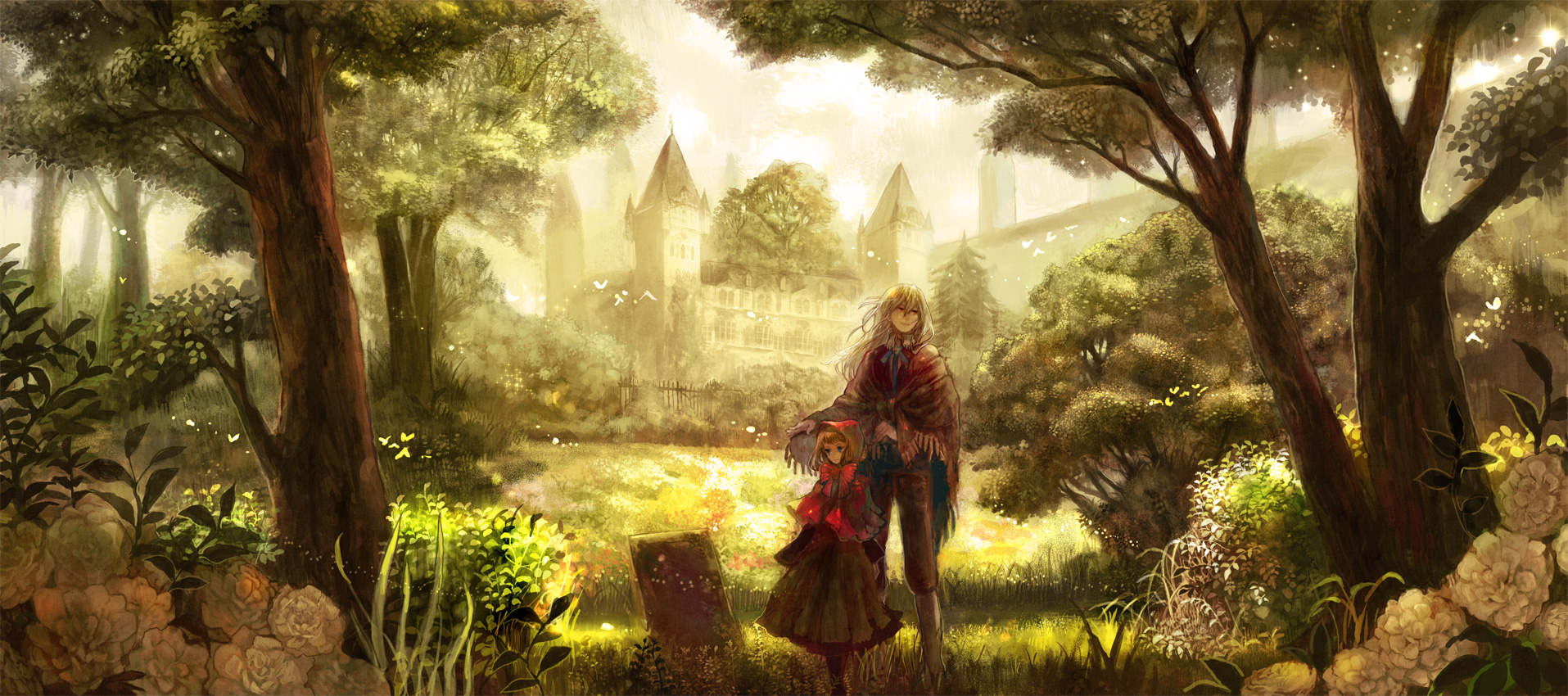 chibi (artist), chibi (shimon), original, highres, long image, wide image, 1boy, 1girl, bird, castle, child, flower, garden, grass, scenery, shade, sunlight, tree