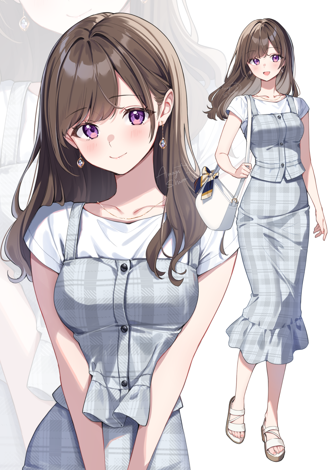 amagi shino, receptionist girl (amagi shino), original, commentary request, highres, 1girl, blush, brown hair, brown sandals, buttons, closed mouth, collarbone, earrings, feet, full body, grey skirt, jewelry, long hair, long skirt, looking at viewer, multiple views, necklace, plaid clothes, plaid skirt, purple eyes, sandals, shirt, skirt, smile, standing, t-shirt, toenails, toes, white shirt