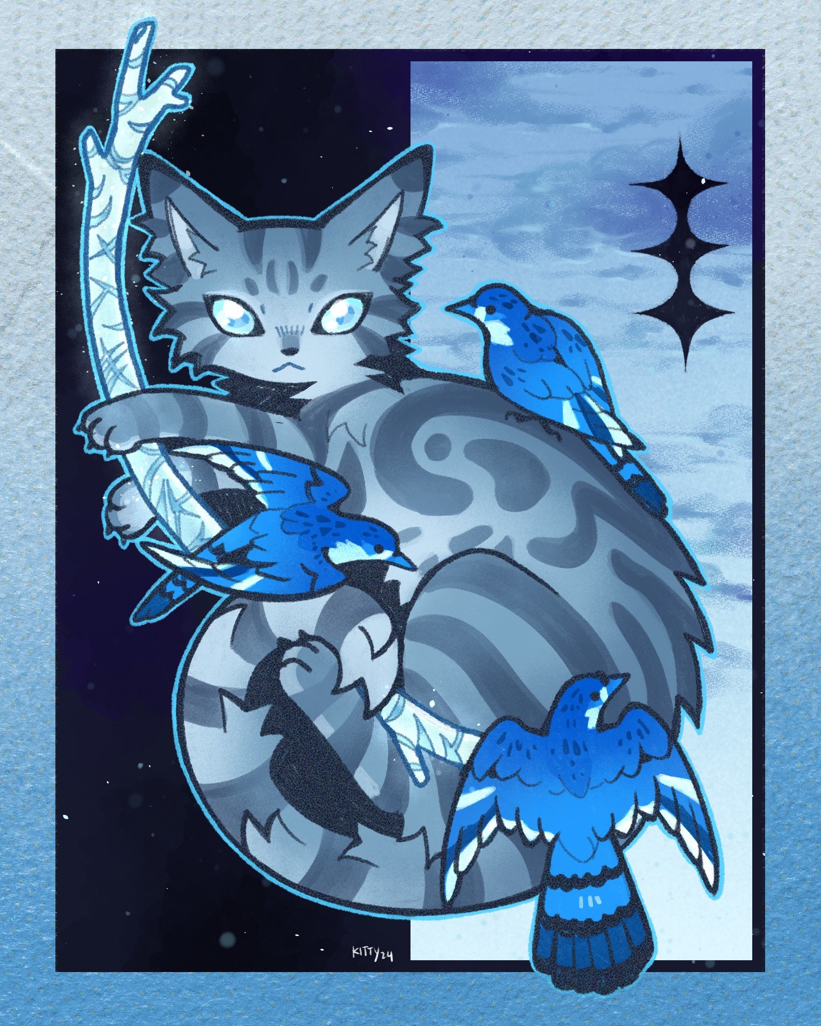 kitty (fernwhisker), power of three, warrior cats, commentary, english commentary, highres, animal, animal focus, bird, blind, blue border, blue eyes, blue jay, blue theme, border, cat, grey cat, jayfeather, jayfeather's stick, looking at viewer, name connection, no humans, object namesake, solo, tabby cat