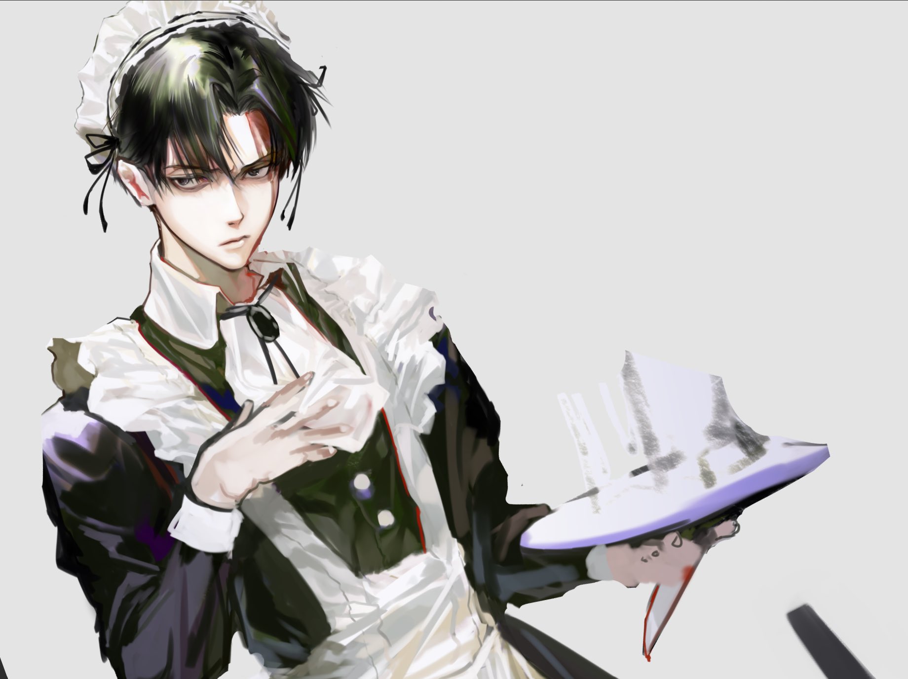 levi (shingeki no kyojin), shingeki no kyojin, commentary, highres, symbol-only commentary, 1boy, apron, black dress, black eyes, black hair, black ribbon, blood, blood on face, buttons, closed mouth, collared dress, crossdressing, crossdressing (mtf), curtained hair, dress, frilled apron, frills, grey background, holding, holding plate, looking at viewer, maid, maid apron, maid headdress, male focus, male maid, neck ribbon, plate, ribbon, seokruri, short hair, simple background, solo, upper body, white apron