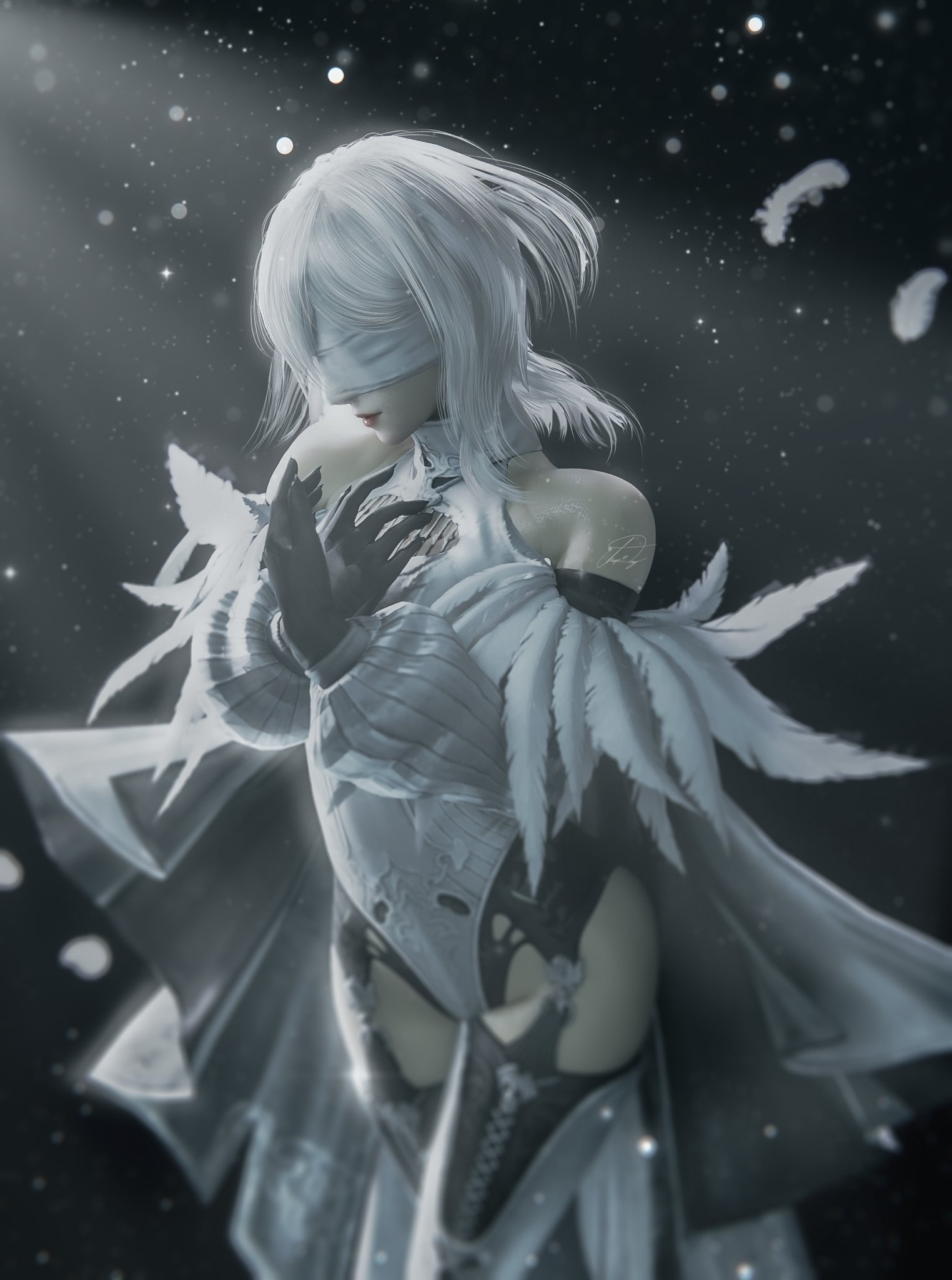 devy (hapidevy), 10h (nier reincarnation), nier (series), nier reincarnation, highres, 1girl, black gloves, blindfold, dress, feathers, gloves, own hands together, white dress, white hair
