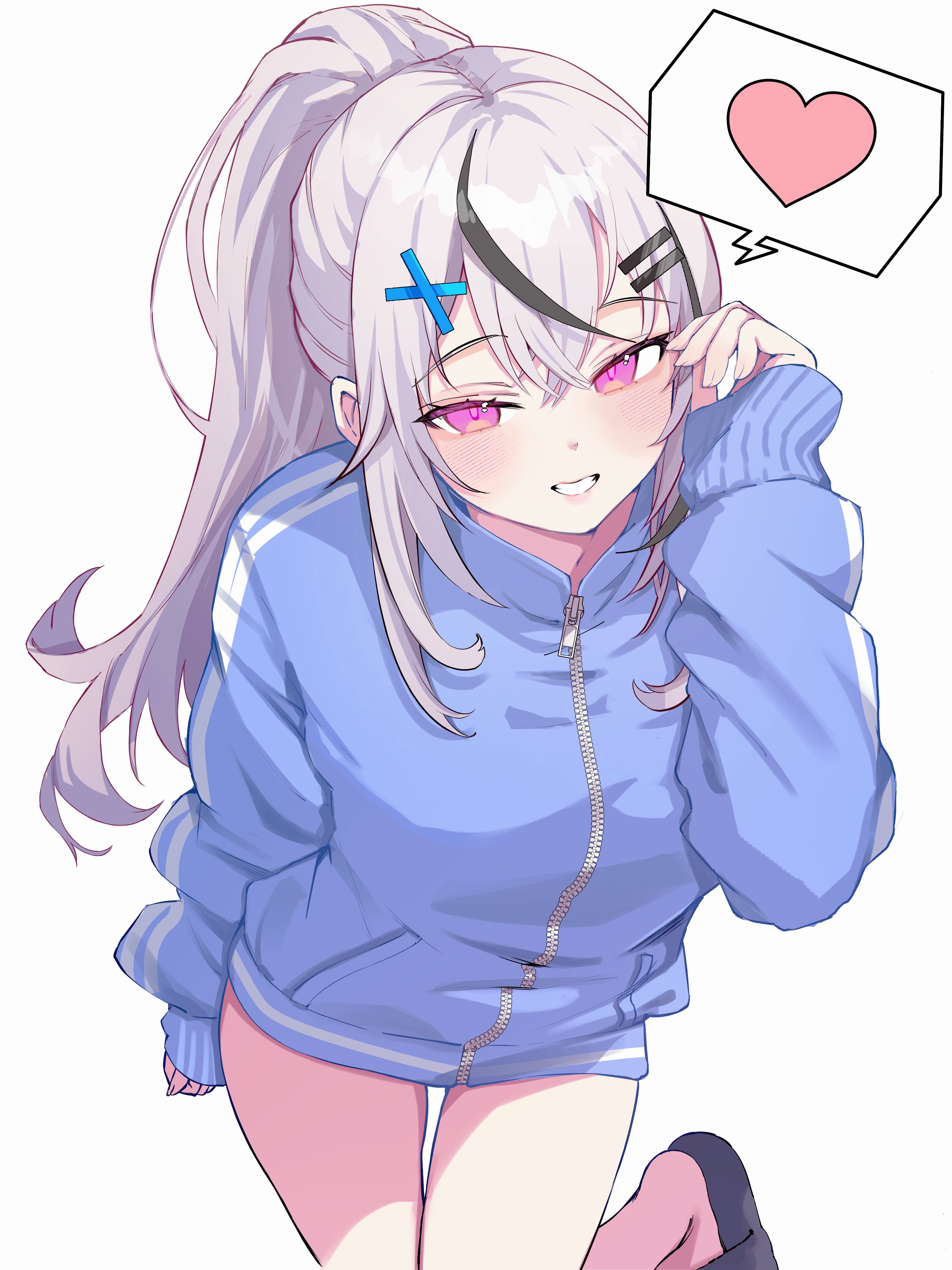 yamai yurika, original, absurdres, commentary request, highres, 1girl, black-framed eyewear, blue jacket, from above, glasses, grin, hair ornament, hairclip, heart, jacket, long hair, long sleeves, looking at viewer, looking over eyewear, multicolored hair, ponytail, purple eyes, sidelocks, simple background, slippers, smile, solo, spoken heart, streaked hair, thighs, white background, white hair, x hair ornament, zipper