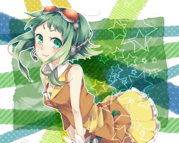 merusuke, gumi, vocaloid, bad id, bad pixiv id, 1girl, :3, female focus, goggles, goggles on head, green eyes, green hair, headphones, headset, matching hair/eyes, short hair, skirt, smile, solo