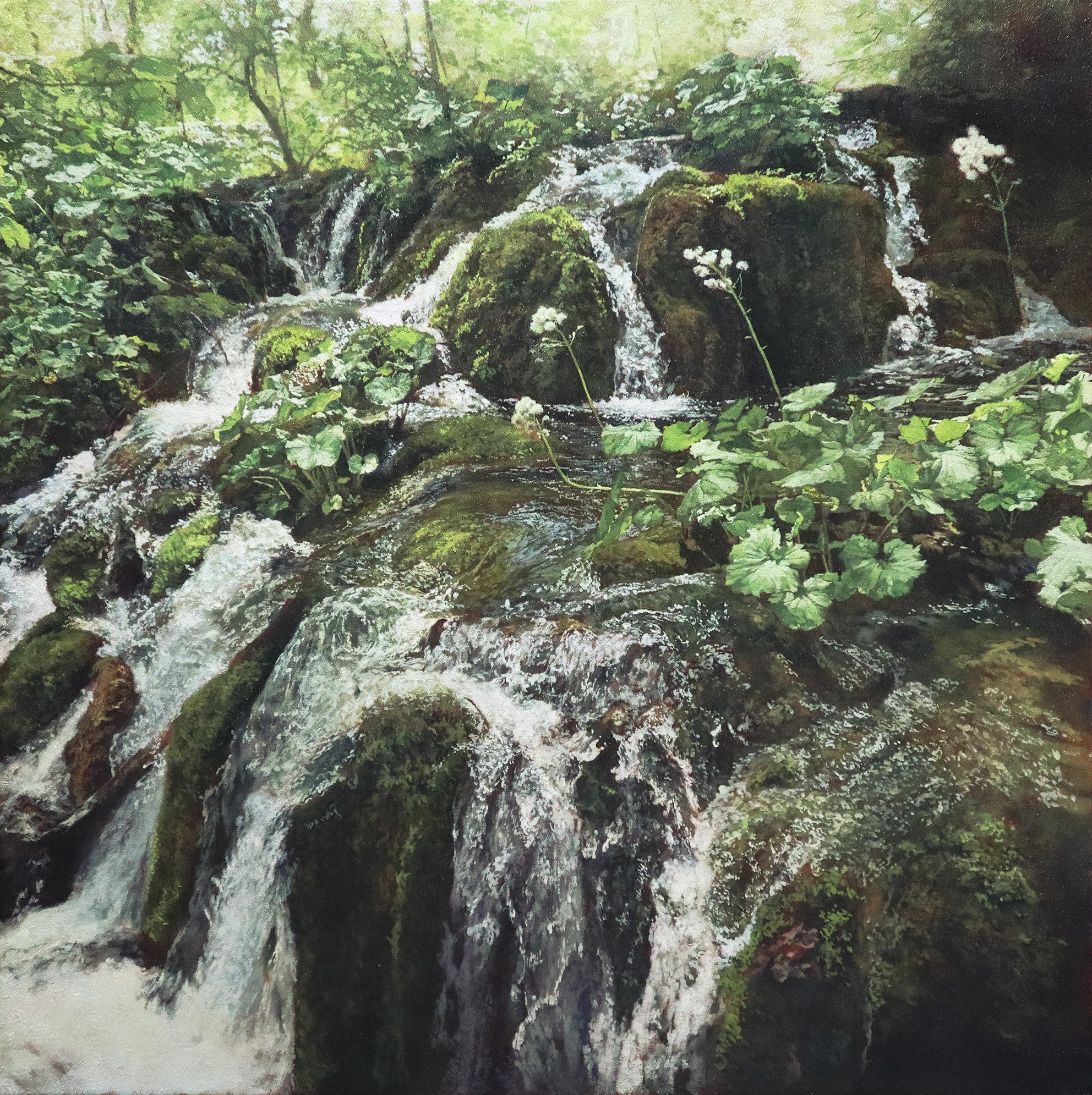 naohiro ito, original, commentary request, highres, oil painting (medium), painting (medium), traditional media, day, flower, forest, hill, leaf, moss, nature, no humans, outdoors, photorealistic, plant, realistic, sapling, tree, water, waterfall, white flower