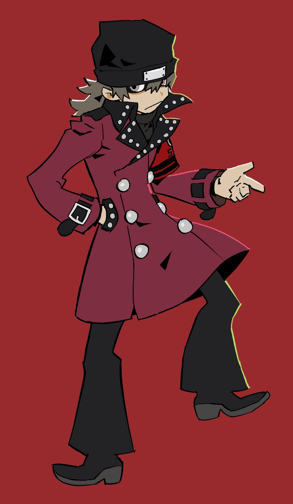 aragaki shinjirou, persona, persona 3, persona 3 reload, commentary request, highres, korean commentary, 1boy, :|, beanie, black boots, black hat, black pants, boots, brown eyes, brown hair, closed mouth, coat, gekkoukan high school uniform, hair between eyes, hand in pocket, hat, long sleeves, male focus, medium hair, pants, red background, red coat, school uniform, simple background, solo, standing, standing on one leg, tndt22, trench coat