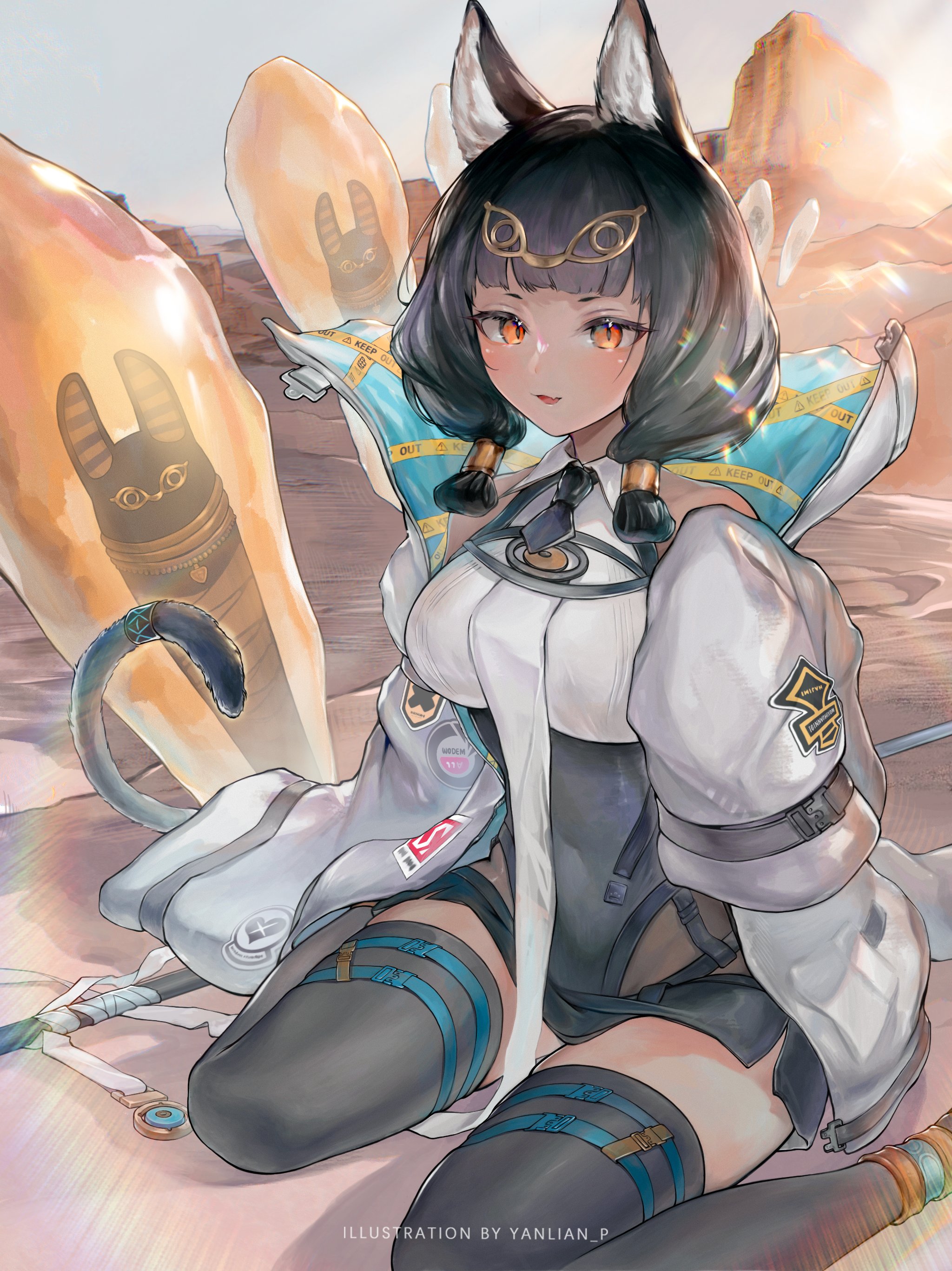 yanlianp, titi (arknights), arknights, absurdres, commentary request, highres, 1girl, animal ears, black hair, black thighhighs, cat ears, cat girl, cat tail, caution tape, dark-skinned female, dark skin, head chain, jacket, jewelry, keep out, long hair, looking at viewer, open mouth, orange eyes, oversized jacket, sitting, sleeve belt, solo, tail, tail ornament, tail ring, thighhighs, wariza