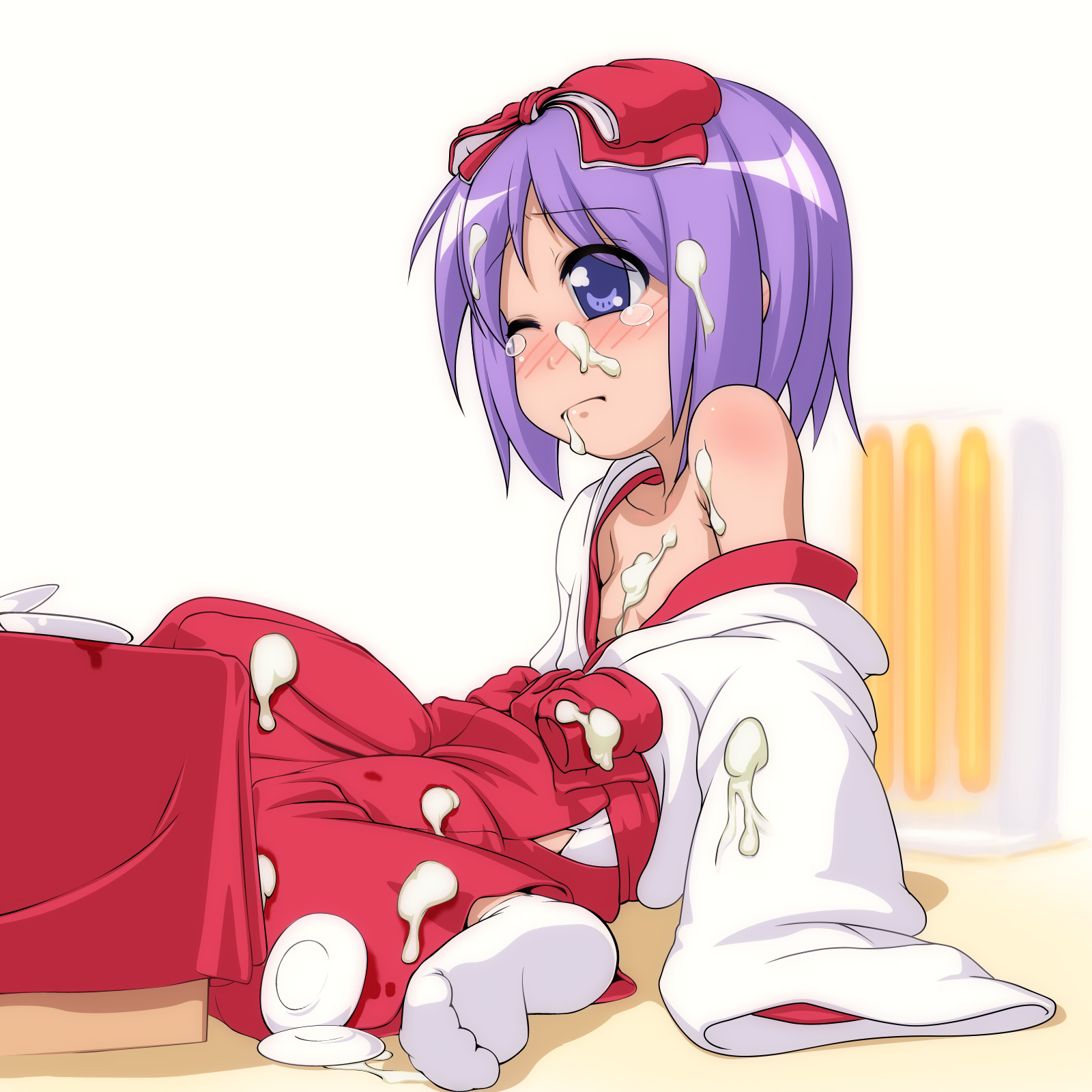 takeda yukimura, hiiragi tsukasa, lucky star, bad id, bad pixiv id, highres, 00s, 1girl, accident, bare shoulders, feet, female focus, flat chest, japanese clothes, loli, miko, purple eyes, purple hair, sexually suggestive, short hair, socks, solo, suggestive fluid