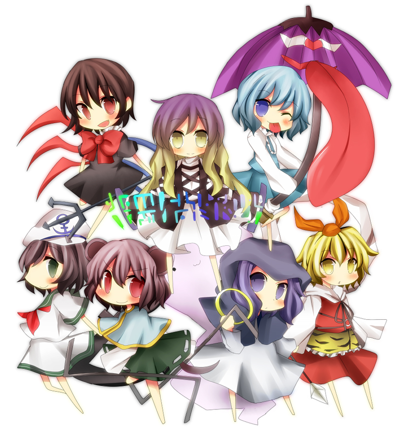 pasutel, hijiri byakuren, houjuu nue, kumoi ichirin, murasa minamitsu, nazrin, tatara kogasa, toramaru shou, touhou, undefined fantastic object, black legwear, bad id, bad pixiv id, 6+girls, :p, animal ears, black hair, blonde hair, blue eyes, blue hair, chibi, dress, everyone, female focus, gradient hair, green eyes, grey hair, hair ornament, hat, heterochromia, hood, karakasa obake, long hair, mouse ears, mouse tail, multicolored hair, multiple girls, red eyes, sailor, sailor collar, sailor hat, scroll, short hair, sorcerer's sutra scroll, tail, thighhighs, tongue, tongue out, umbrella, wings, yellow eyes, zettai ryouiki