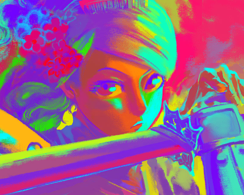 nishioka tomozou, momohime, oboro muramasa, original, 1girl, colorful, faux traditional media, female focus, flower, hair flower, hair ornament, looking at viewer, pop art, psychedelic, purple eyes, solo, sword, weapon