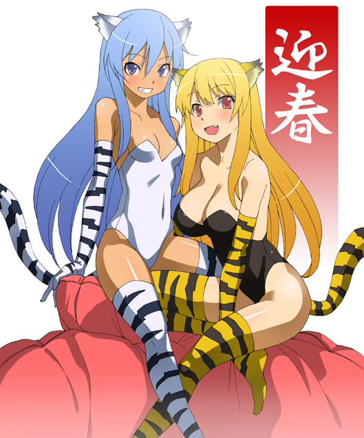 nakamura yukitoshi, original, bad id, bad pixiv id, 10s, 2010, 2girls, animal ears, animal print, blonde hair, blue eyes, blue hair, dark-skinned female, dark skin, elbow gloves, gloves, kittysuit, leotard, multiple girls, new year, nontraditional playboy bunny, red eyes, smile, tail, thighhighs, tiger ears, tiger print, tiger tail, zettai ryouiki