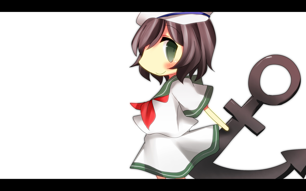 pasutel, murasa minamitsu, touhou, bad id, bad pixiv id, 1girl, anchor, black hair, female focus, green eyes, hat, letterboxed, sailor, sailor collar, sailor hat, short hair, solo, standing, white background