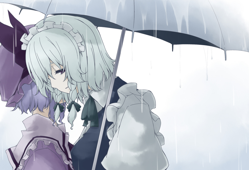 sakuraba yuuki, izayoi sakuya, remilia scarlet, touhou, european clothes, silver hair, 2girls, blue eyes, blue hair, braid, female focus, hairband, hat, multiple girls, short hair, twin braids, umbrella