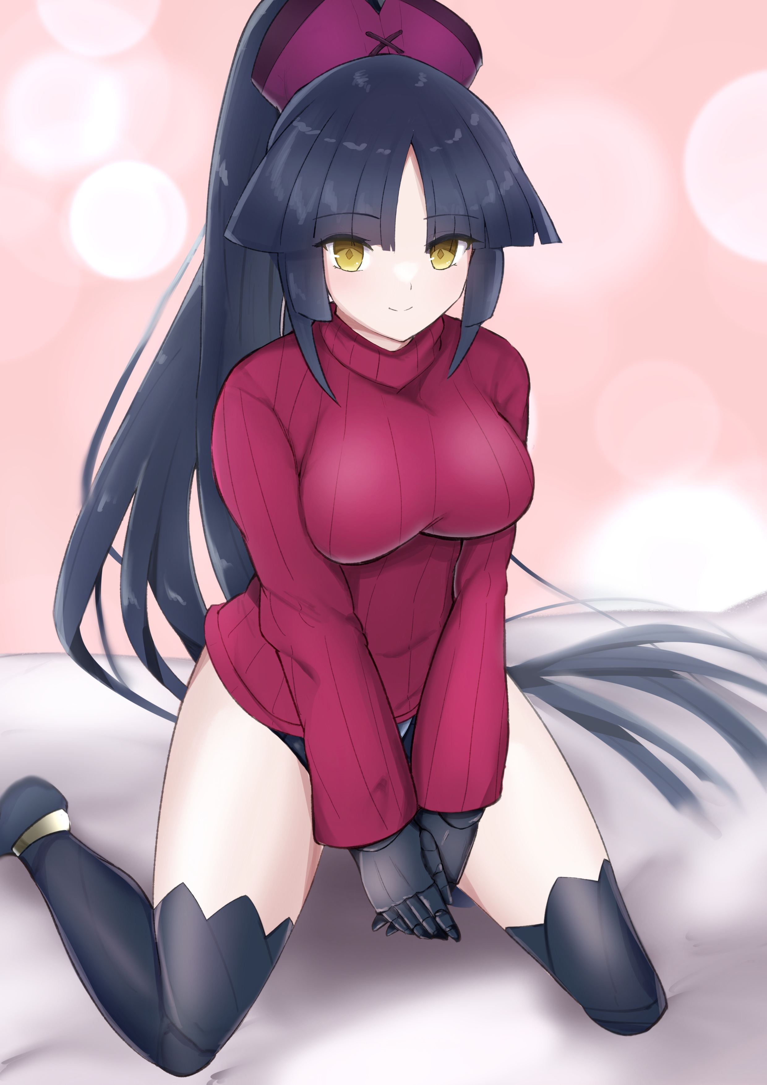 moyashi (pixiv44153669), katou danzou (fate), fate/grand order, fate (series), absurdres, commentary request, highres, 1girl, black hair, breasts, joints, long hair, looking at viewer, mechanical arms, mechanical legs, medium breasts, on bed, ponytail, red sweater, robot girl, robot joints, smile, solo, sweater, yellow eyes