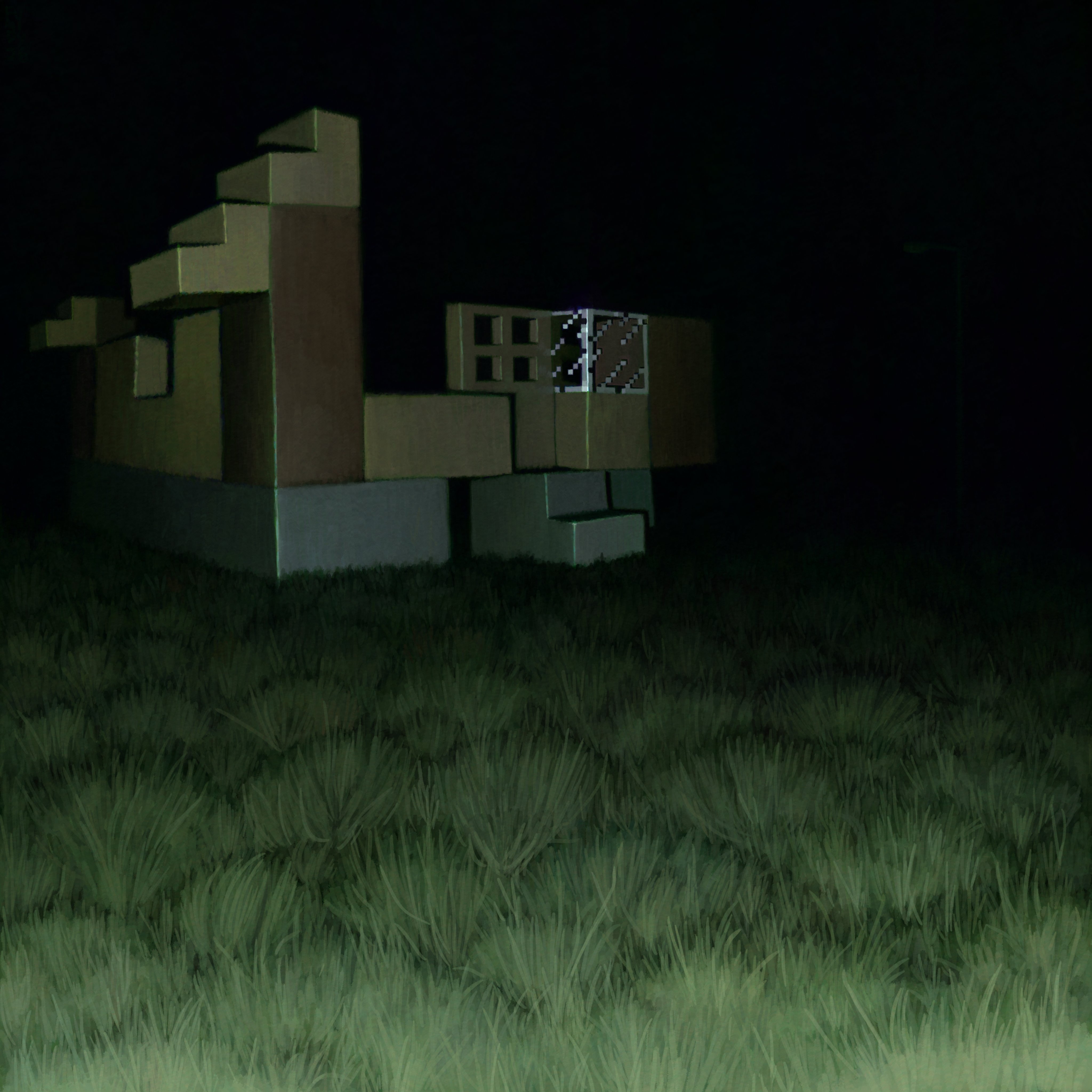 dyoudi, minecraft, absurdres, commentary, english commentary, highres, block (minecraft), building, door, glass, grass, liminal space, night, no humans, ruins, scenery, stairs