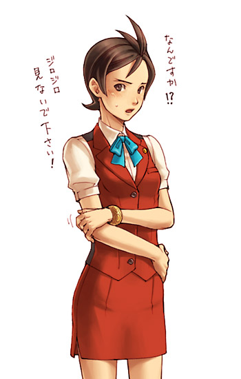 kobashi, apollo justice, ace attorney, apollo justice: ace attorney, capcom, gender request, translated, 1girl, blush, bracelet, brown hair, female focus, genderswap, jewelry, pencil skirt, ribbon, short hair, short sleeves, skirt, solo, spiked hair