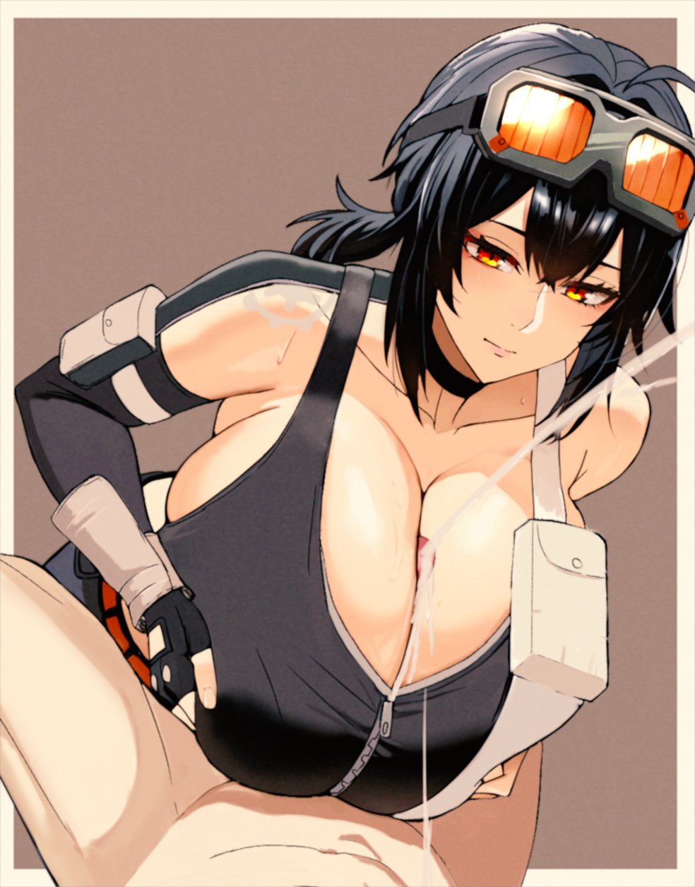 grace howard, zenless zone zero, commentary, english commentary, highres, 1boy, 1girl, black choker, black gloves, black hair, black sports bra, breasts, breasts squeezed together, brown background, choker, closed mouth, clothed female nude male, cum, ejaculation, elbow gloves, expressionless, fingerless gloves, gloves, goggles, goggles on head, grabbing own breast, hair between eyes, hetero, hitomaru (neet0maru), huge breasts, long hair, looking down, nude, orange eyes, paizuri, paizuri under clothes, penis, ponytail, pov, pov crotch, projectile cum, shoulder tattoo, sidelocks, simple background, single bare shoulder, single elbow glove, single glove, solo focus, sports bra, tattoo, zipper top
