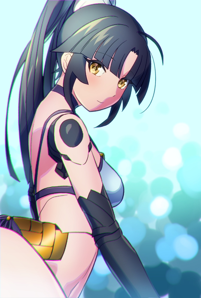hiraki naori (boujaku bujin), katou danzou (fate), katou danzou (midsummer memories) (fate), fate/grand order, fate (series), commentary request, 1girl, black hair, blush, breasts, joints, long hair, looking at viewer, mechanical arms, mechanical legs, medium breasts, ponytail, robot girl, robot joints, smile, swimsuit, yellow eyes