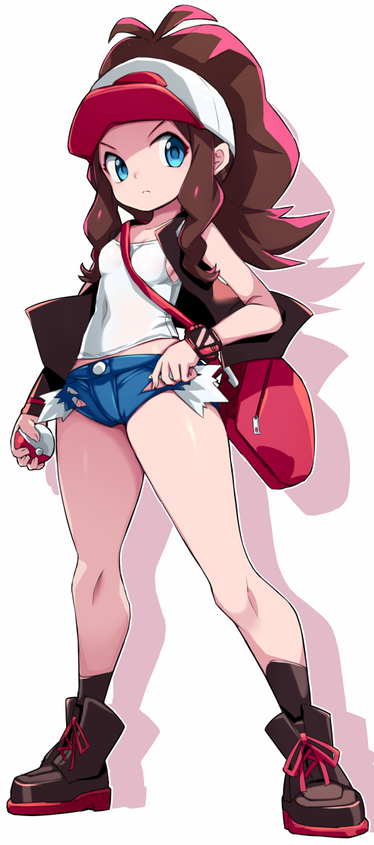 karukan (monjya), hilda (pokemon), nintendo, pokemon, pokemon bw, commentary request, highres, 1girl, antenna hair, bag, baseball cap, black jacket, black shoes, black socks, blue eyes, blue shorts, breasts, brown hair, closed mouth, covered navel, crop top, cutoffs, full body, hat, holding, holding poke ball, jacket, long hair, micro shorts, midriff peek, open clothes, open jacket, poke ball, poke ball (basic), ponytail, red bag, shirt, shoes, shorts, shoulder bag, sideboob, sidelocks, sleeveless, sleeveless jacket, small breasts, socks, solo, standing, watch, white hat, white shirt, wristwatch