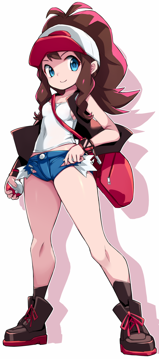 karukan (monjya), hilda (pokemon), nintendo, pokemon, pokemon bw, commentary request, highres, 1girl, antenna hair, bag, baseball cap, black jacket, black shoes, black socks, blue eyes, blue shorts, breasts, brown hair, closed mouth, covered navel, crop top, cutoffs, full body, hat, holding, holding poke ball, jacket, long hair, micro shorts, midriff peek, open clothes, open jacket, poke ball, poke ball (basic), ponytail, red bag, shirt, shoes, shorts, shoulder bag, sideboob, sidelocks, sleeveless, sleeveless jacket, small breasts, smile, socks, solo, standing, watch, white hat, white shirt, wristwatch