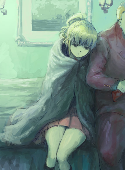 furutachirikonbu, ushiromiya jessica, ushiromiya krauss, umineko no naku koro ni, european clothes, 00s, 1boy, 1girl, age difference, blonde hair, father and daughter, painting (object), ponytail, skirt