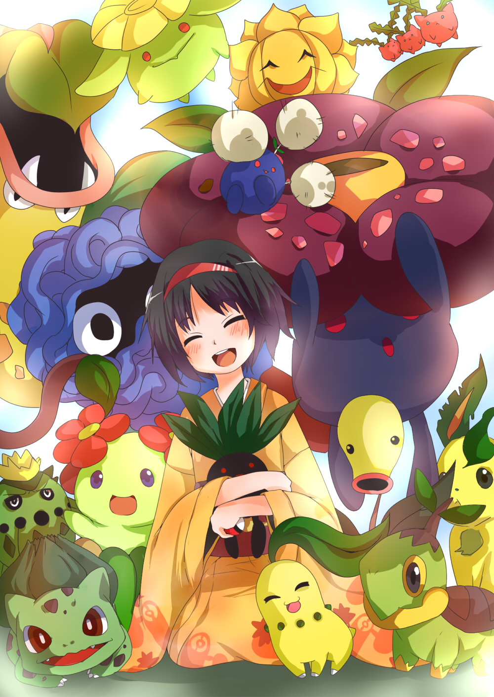 pun2, bellossom, bellsprout, bulbasaur, cacnea, chikorita, erika (pokemon), hoppip, jumpluff, leafeon, oddish, skiploom, sunflora, tangela, turtwig, victreebel, vileplume, nintendo, pokemon, pokemon hgss, bad id, bad pixiv id, highres, 00s, 1girl, black hair, blush, gen 1 pokemon, gen 2 pokemon, gen 3 pokemon, gen 4 pokemon, gym leader, hairband, happy, japanese clothes, kimono, open mouth, poke ball, pokemon (creature), short hair, smile