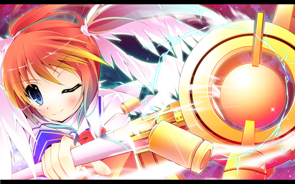 nanamomo rio, nanamomorio, raising heart, takamachi nanoha, lyrical nanoha, mahou shoujo lyrical nanoha, mahou shoujo lyrical nanoha a's, 00s, 1girl, blue eyes, blush, brown hair, electricity, female focus, hair ribbon, letterboxed, one eye closed, red hair, ribbon, solo, staff, twintails, wings, wink