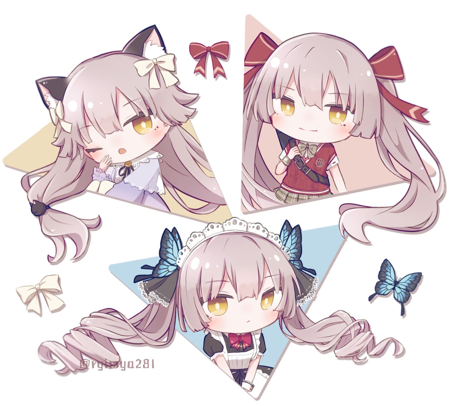 riimia, ogasawara hisame, heaven burns red, commentary request, highres, 1girl, ;o, animal ear fluff, animal ears, apron, black dress, black ribbon, blunt bangs, blush, bow, bright pupils, brown hair, butterfly hair ornament, cat ears, cat hair ornament, chibi, chibi only, closed mouth, cowboy shot, dress, drill hair, fake animal ears, floating hair, frilled apron, frilled sleeves, frills, hair bow, hair ornament, hair ribbon, long hair, looking at viewer, maid, maid apron, maid headdress, mole, mole under eye, multiple views, official alternate costume, one eye closed, puffy short sleeves, puffy sleeves, red bow, red sweater vest, ribbon, school uniform, shirt, short sleeves, smile, sweater vest, twin drills, twintails, twitter username, very long hair, white apron, white bow, white pupils, white shirt, white wrist cuffs, wrist cuffs, yawning, yellow eyes