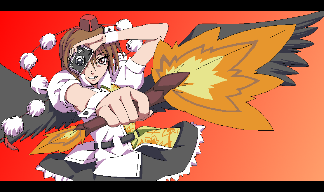 kohcy, shameimaru aya, touhou, 1girl, brown eyes, brown hair, camera, female focus, foreshortening, gradient background, hand fan, hat, oekaki, short hair, solo, tokin hat, wings, wrist cuffs