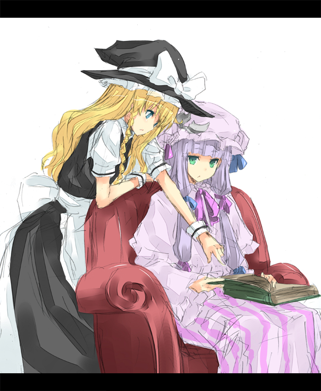 nabeshima tetsuhiro, kirisame marisa, patchouli knowledge, touhou, graphite (medium), mixed media, traditional media, 2girls, armchair, blonde hair, blue eyes, book, braid, chair, couch, dress, female focus, green eyes, hair ribbon, hat, letterboxed, multiple girls, open book, pointing, purple hair, reading, red upholstery, ribbon, sitting, sketch, witch, witch hat, wrist cuffs