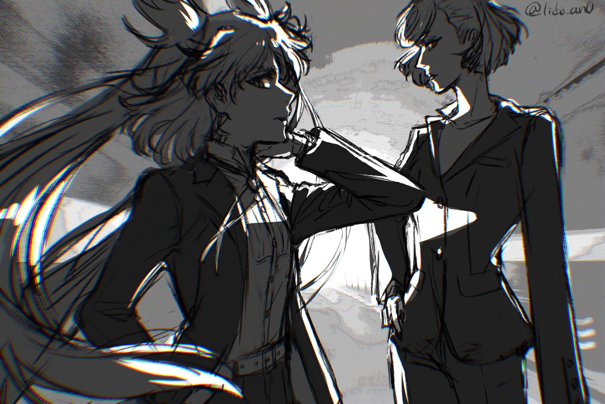 lido an0, macy baljure, ninny spangcole, burn the witch, commentary, 2girls, belt, chromatic aberration, greyscale, hand on own hip, hand on own neck, jacket, monochrome, multiple girls, short hair, signature, sketch, twintails, twitter username