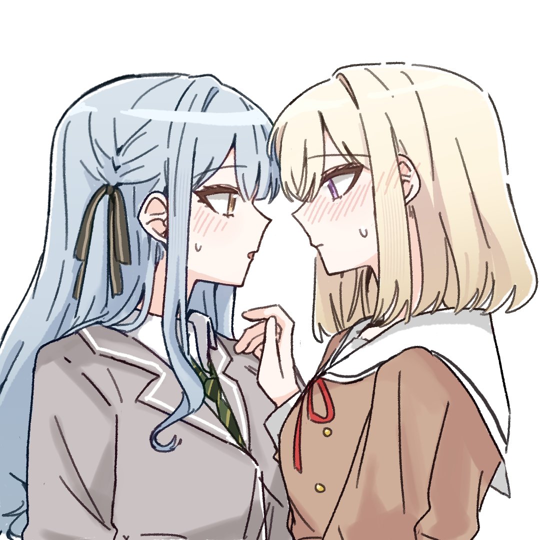at 09098, misumi uika, togawa sakiko, bang dream!, bang dream! it's mygo!!!!!, commentary request, korean commentary, 2girls, black ribbon, blazer, blonde hair, blue hair, brown dress, collared shirt, diagonal-striped clothes, diagonal-striped necktie, dress, eye contact, green necktie, grey jacket, hair ribbon, hanasakigawa school uniform, haneoka school uniform, jacket, long hair, looking at another, medium hair, multiple girls, neck ribbon, necktie, purple eyes, red ribbon, ribbon, sailor collar, sailor dress, school uniform, shirt, simple background, striped clothes, sweatdrop, two side up, white background, white sailor collar, white shirt, winter uniform, yellow eyes, yuri