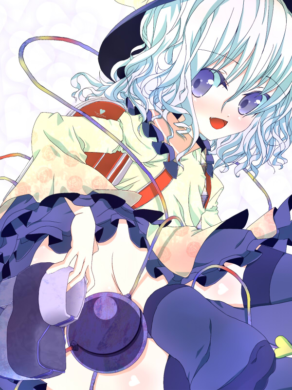 tm (gf-tm), komeiji koishi, touhou, bad id, bad pixiv id, 1girl, ass, blush, curly hair, feet, female focus, hat, long hair, no panties, purple eyes, skirt, socks, solo