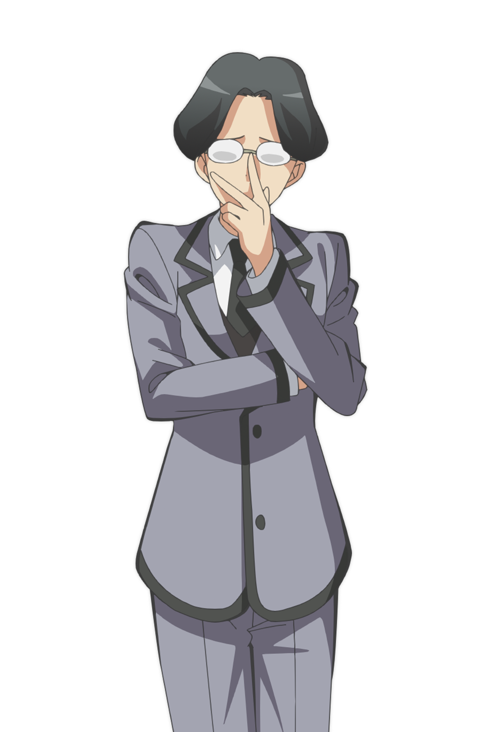 higami aya, takebayashi koutarou, ansatsu kyoushitsu, highres, official art, 1boy, adjusting eyewear, anime coloring, black hair, black necktie, collared shirt, cowboy shot, glasses, grey jacket, grey pants, jacket, kunugigaoka middle school uniform, necktie, opaque glasses, pants, school uniform, shirt, simple background, solo, tachi-e, transparent background, white shirt