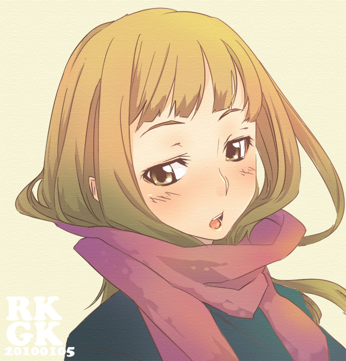 sasetsu, sayoko (sayonara memories), sayonara memories (supercell), supercell (band), 1girl, blush, brown eyes, brown hair, enpera, female focus, long hair, scarf, solo
