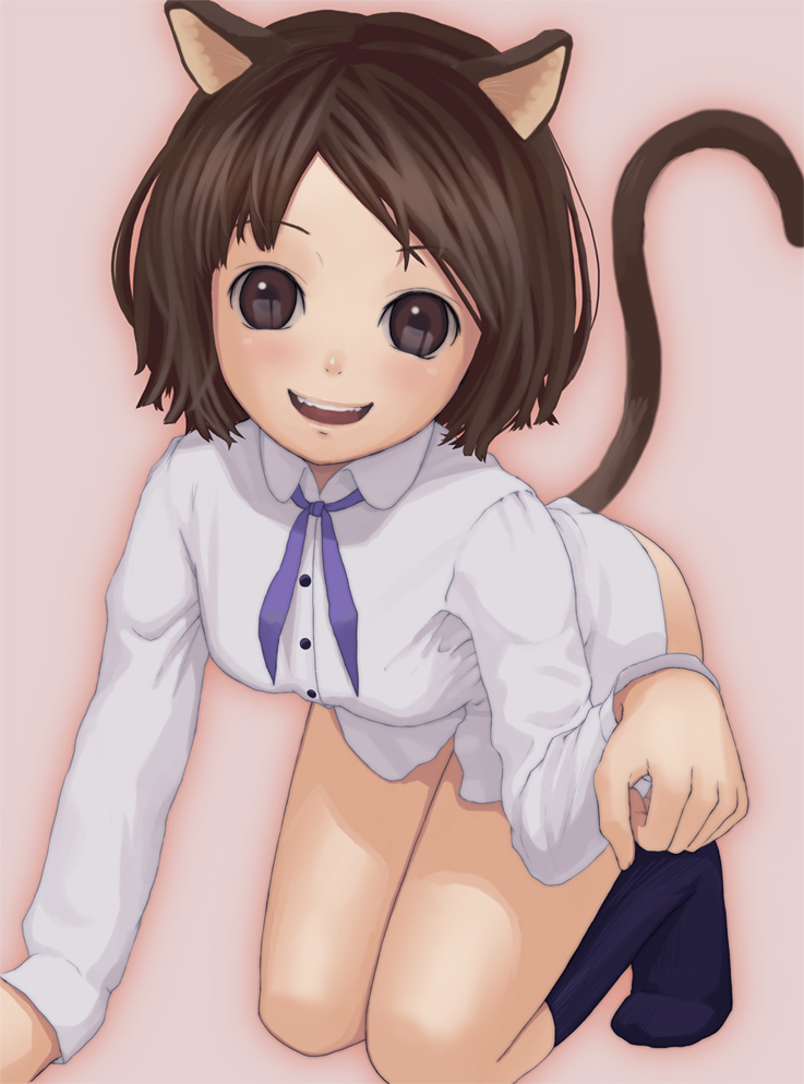 tko (hhan), bad id, bad pixiv id, 1girl, all fours, animal ears, bottomless, brown eyes, brown hair, cat ears, cat tail, dress shirt, eye reflection, female focus, grin, open mouth, paw pose, reflection, shirt, short hair, smile, socks, solo, tail, teeth