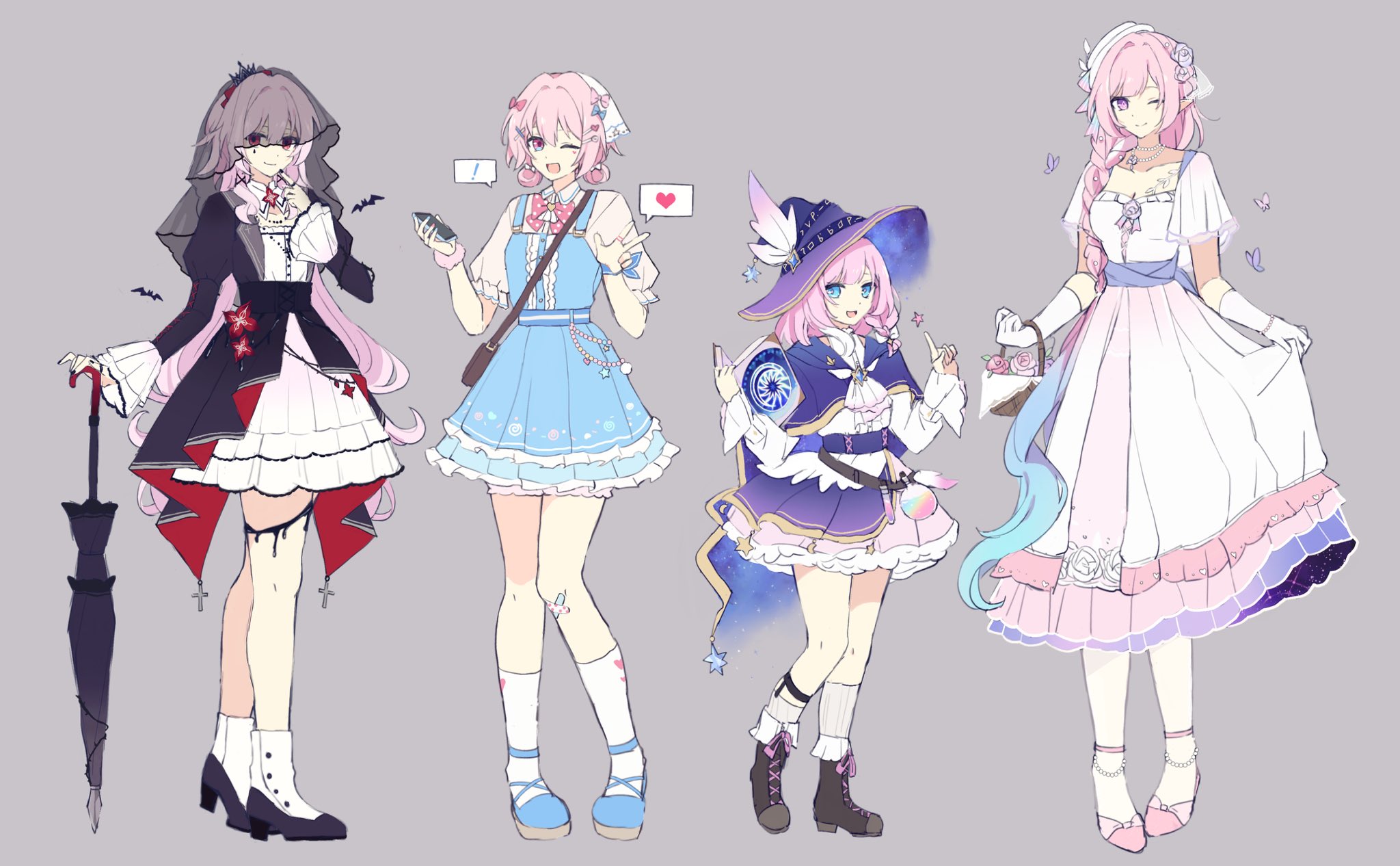 cyrene (demiurge) (honkai: star rail), cyrene (honkai: star rail), cyrene (philia093) (honkai: star rail), evernight (honkai: star rail), march 7th (honkai: star rail), honkai: star rail, honkai (series), commentary request, highres, !, 4girls, alternate costume, as i've written (honkai: star rail), bag, basket, blue eyes, bow, braid, dress, flower, frills, full body, hair flower, hair ornament, hat, heart, ki ii37, long hair, multicolored eyes, multiple girls, pink eyes, pink hair, red eyes, shoes, simple background, socks, star (symbol), two-tone eyes, umbrella, veil, very long hair, witch hat