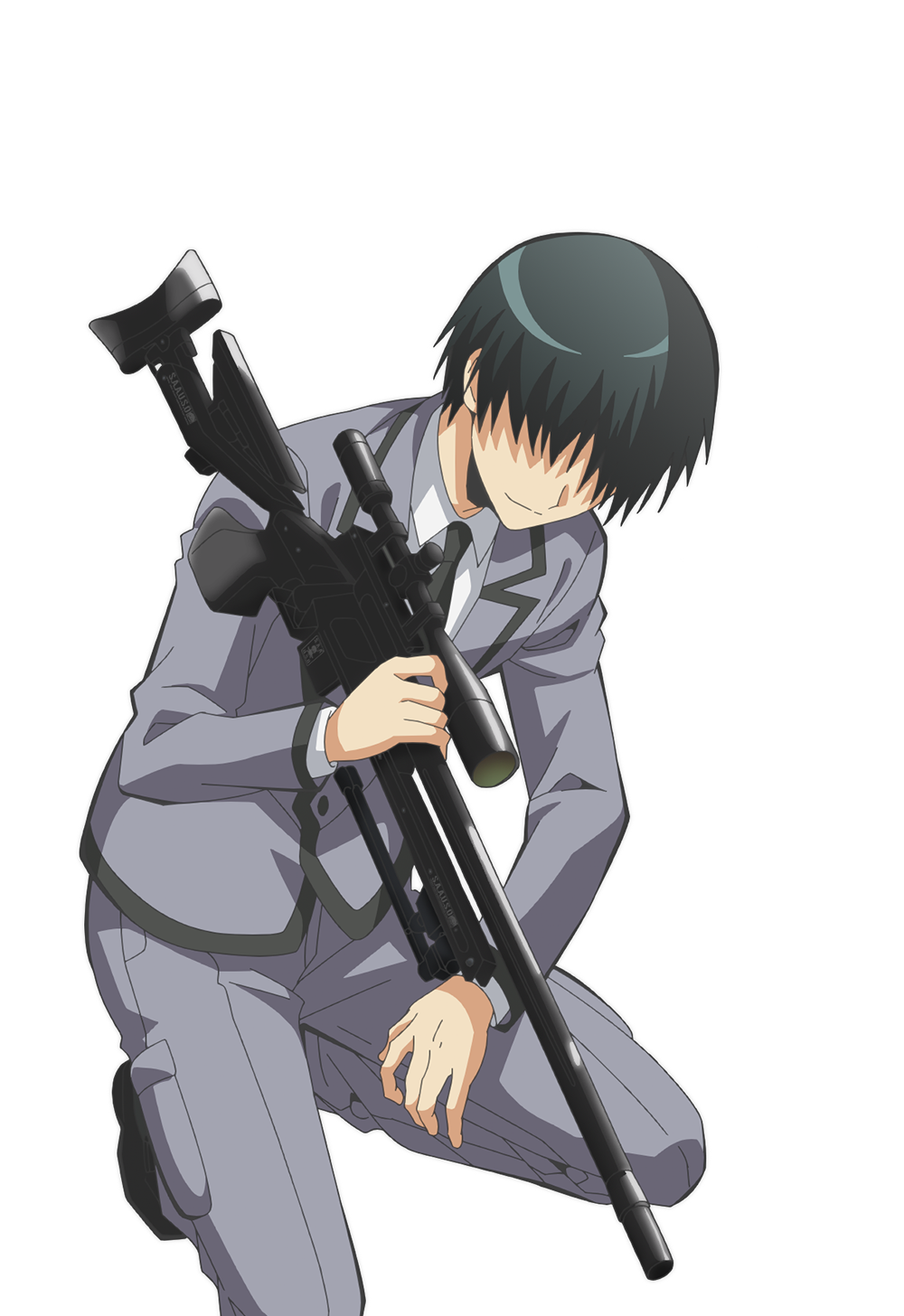 higami aya, chiba ryuunosuke, ansatsu kyoushitsu, highres, official art, 1boy, anime coloring, black hair, black necktie, closed mouth, collared shirt, grey jacket, grey pants, gun, hair over eyes, holding, holding gun, holding weapon, jacket, kneeling, kunugigaoka middle school uniform, male focus, necktie, pants, rifle, school uniform, shirt, simple background, smile, sniper rifle, solo, tachi-e, transparent background, weapon, white shirt