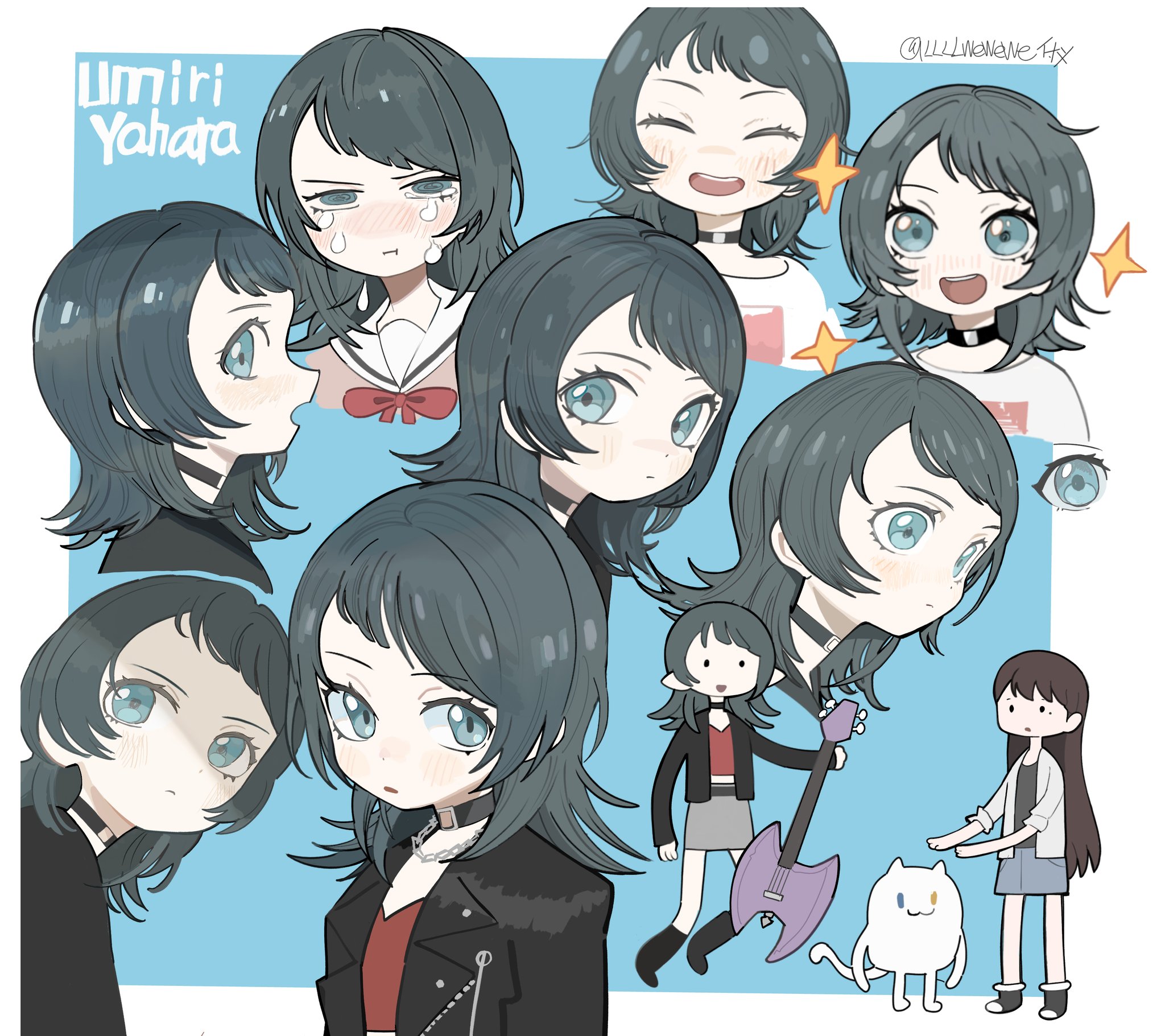 llllwewewe, kaname raana, shiina taki, yahata umiri, adventure time, bang dream!, bang dream! it's mygo!!!!!, commentary, highres, 2girls, :3, :d, animalization, bass guitar, black choker, black hair, black jacket, blue eyes, blush, cat, character name, choker, crop top, crying, crying with eyes open, flipped hair, floating, grey skirt, hanasakigawa school uniform, heterochromia, holding, holding bass guitar, holding instrument, instrument, jacket, long hair, miniskirt, mole, mole under eye, multiple expressions, multiple girls, multiple views, neck ribbon, nose blush, o-ring, o-ring choker, open clothes, open jacket, open mouth, parody, profile, raana the cat, red ribbon, red shirt, ribbon, sailor collar, school uniform, shirt, skirt, smile, style parody, tears, twitter username, white cat, white sailor collar, white shirt, winter uniform