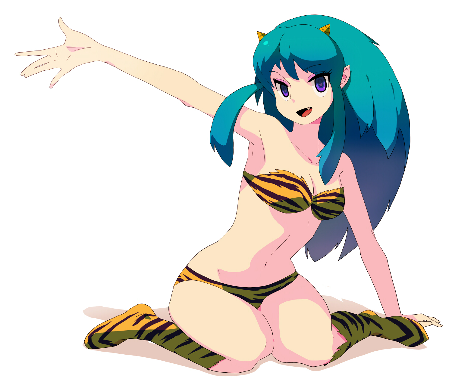 tomioka jirou, lum, urusei yatsura, bad id, bad pixiv id, highres, animal print, armpits, bikini, blue hair, cone horns, fang, horns, kneeling, long hair, purple eyes, small horns, solo, swimsuit, tiger print, waving