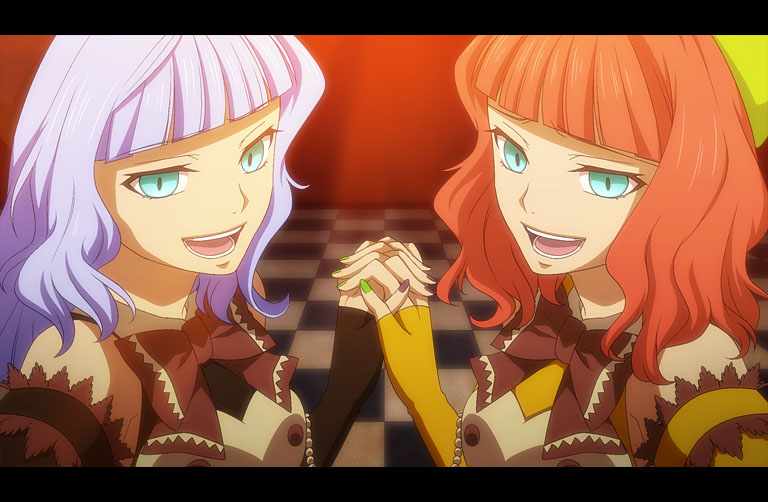 yodobashi yuo, furfur, zepar, 07th expansion, no naku koro ni (series), umineko no naku koro ni, 00s, aqua eyes, beads, beret, blue hair, crossdressing, detached sleeves, fingerless gloves, gloves, green eyes, grin, hat, holding hands, letterboxed, orange hair, smile, symmetry, trap