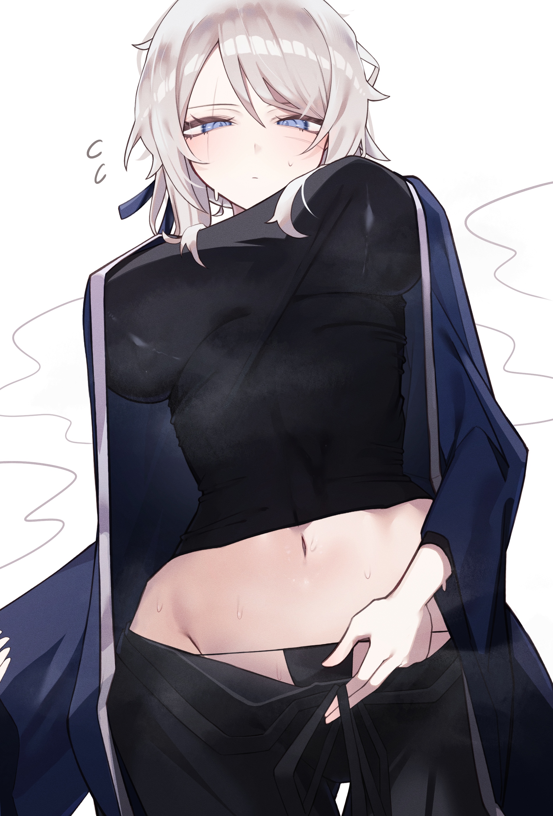 worimiru, faust (project moon), limbus company, project moon, absurdres, commentary request, highres, 1girl, black pants, black shirt, blue eyes, breasts, closed mouth, from below, huge breasts, midriff, navel, pants, shirt, short hair, simple background, solo, sweat, white background, white hair