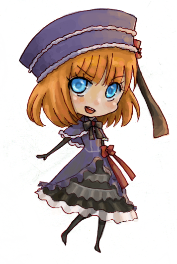 eva beatrice, umineko no naku koro ni, 00s, blue eyes, bow, chibi, dress, orange hair, smile