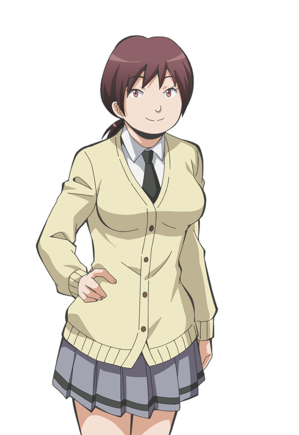 higami aya, hara sumire, ansatsu kyoushitsu, highres, official art, 1girl, anime coloring, black necktie, breasts, brown hair, cardigan, closed mouth, collared shirt, cowboy shot, grey skirt, hand on own hip, kunugigaoka middle school uniform, necktie, pink eyes, school uniform, shirt, simple background, skirt, smile, solo, tachi-e, transparent background, white shirt