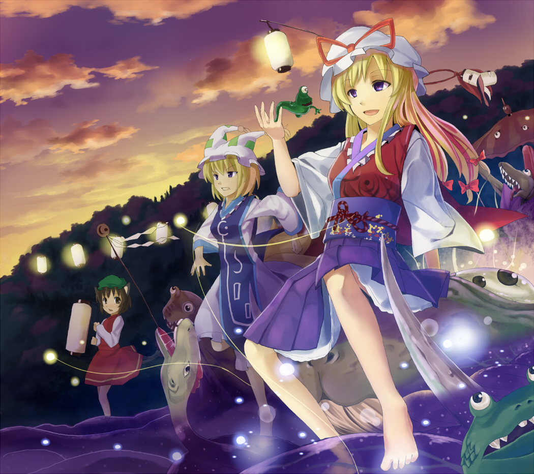 hidebo, chen, yakumo ran, yakumo yukari, touhou, bad id, bad pixiv id, animal ears, barefoot, blonde hair, brown eyes, brown hair, cat ears, cat tail, feet, fox tail, hat, long hair, monster, multiple tails, purple eyes, short hair, sitting, soaking feet, sunset, tail, water, yellow eyes